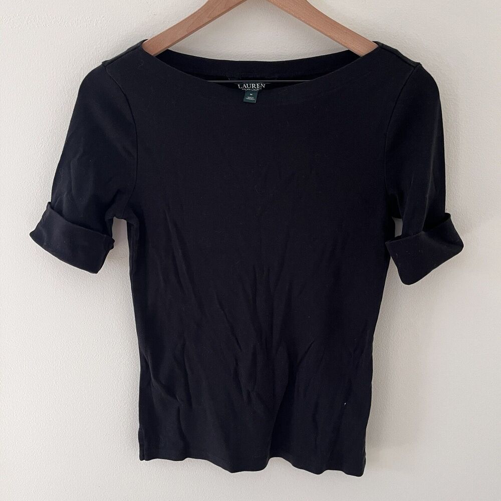 Ralph Lauren Blouse Medium Black Short Sleeve Boat Neck Casual 100% Cotton